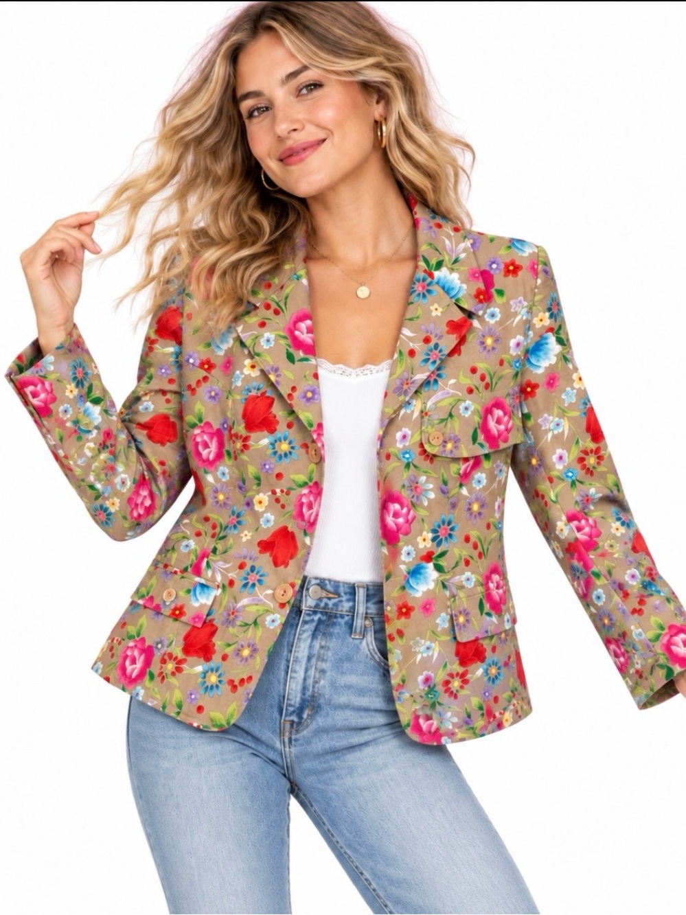 Sag Harbor Stretch Vintage Floral Print Button Blazer Jacket Size 12 Fully Lined